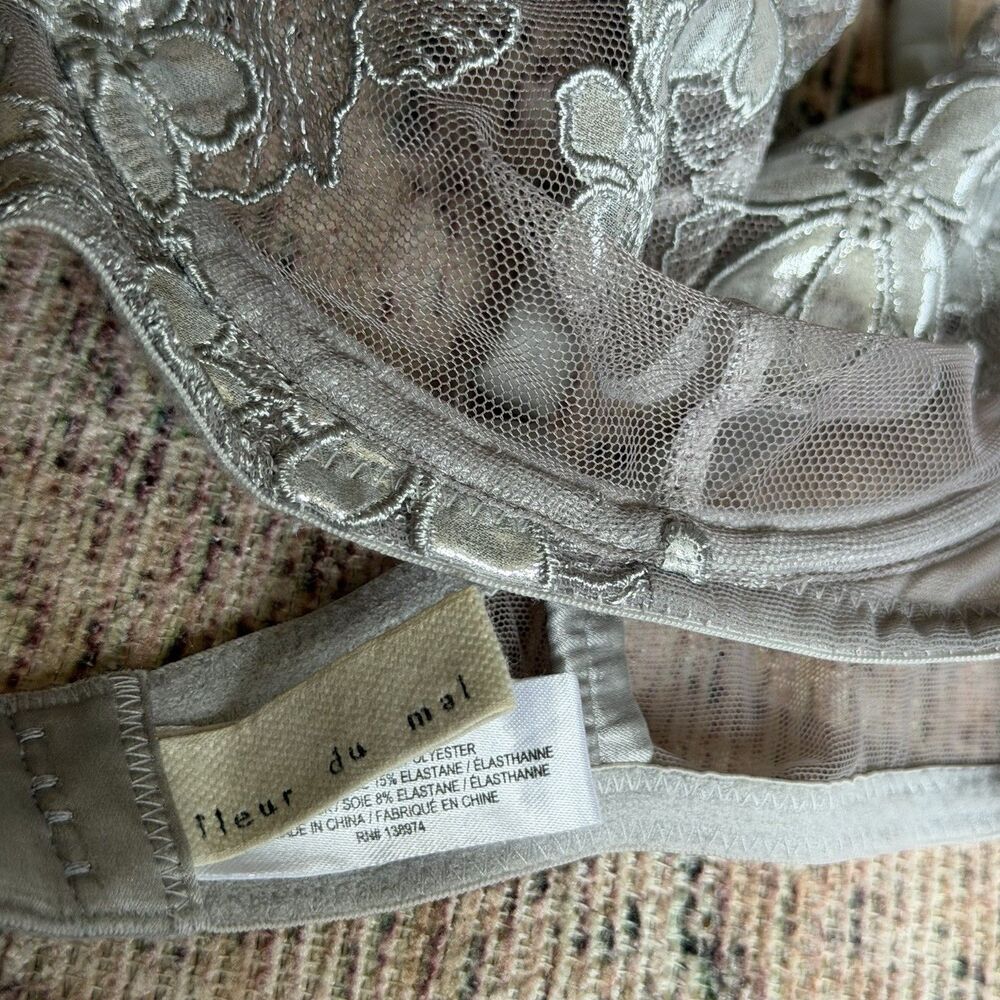 Fleur du Mal Lace Balconette Bra 34D Silver Grey Embroidered Underwire Silk Sexy - Picture 9 of 12